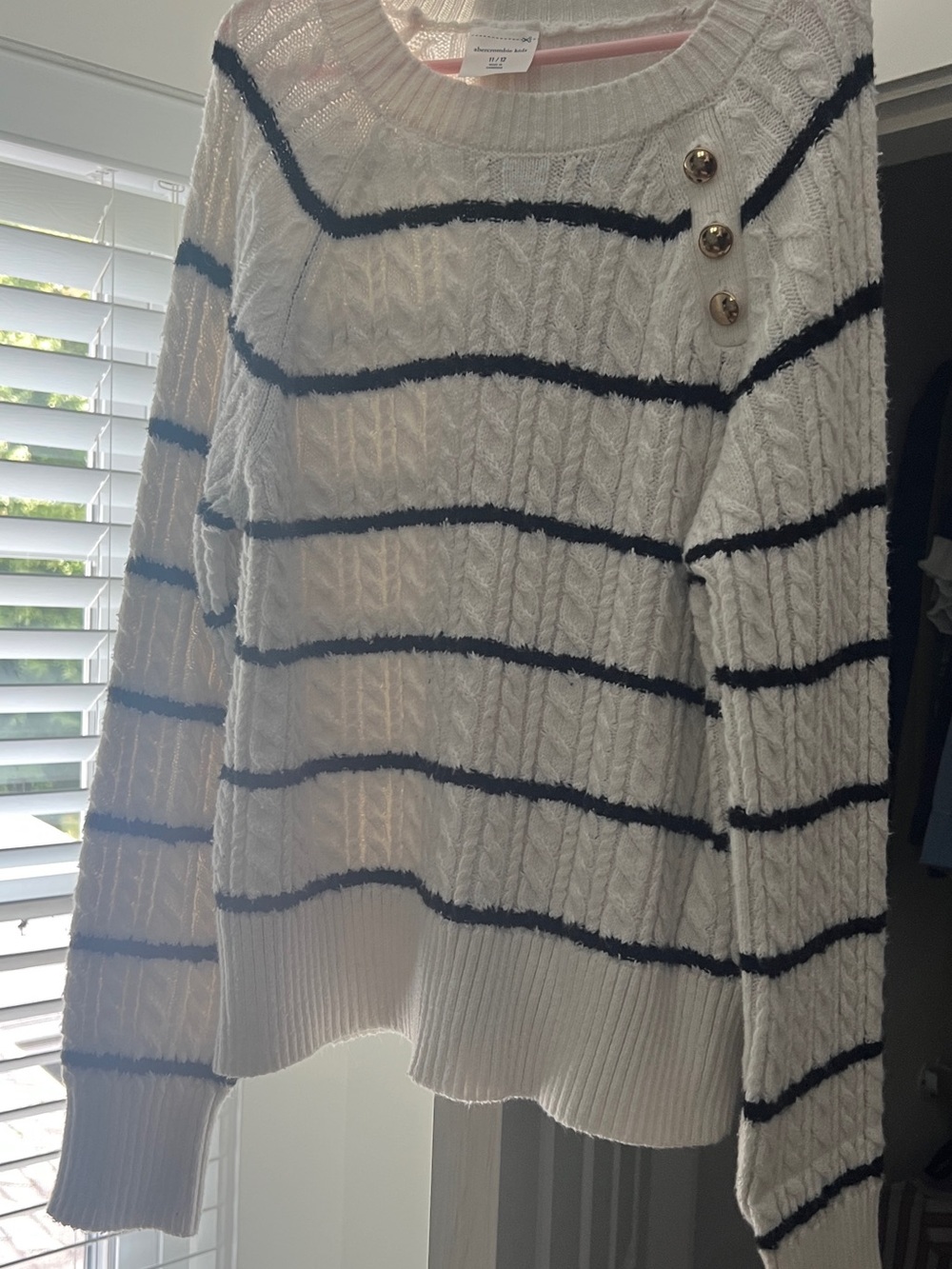 abercrombie kids White Cable-Knit Sweater with Navy Stripes and Gold Buttons
